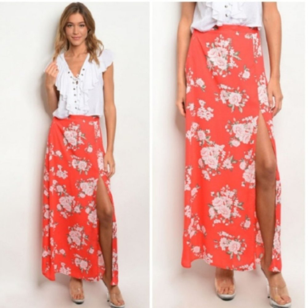 Favlux red side slit floral maxi skirt (706)